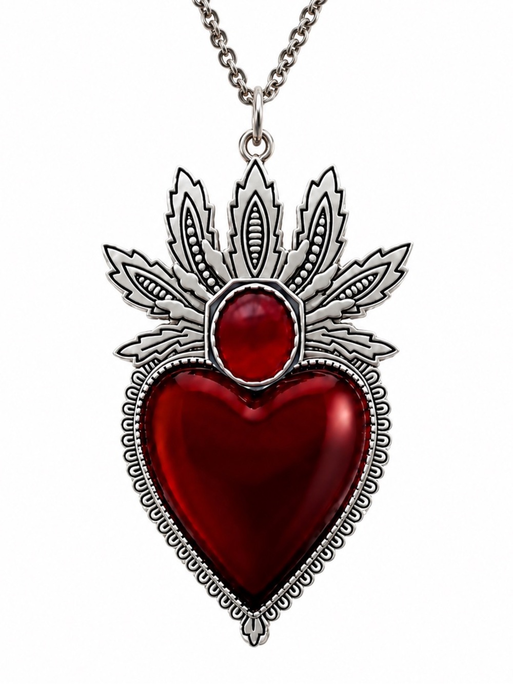 “Blooming Sacred Heart” Ruby Red Fiery Jesus Immaculate Mary Catholic Necklace